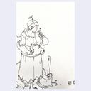 Ink illustration of a woman holding the head of a sickle weapon. 