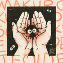 Orange and black ink color risograph print of a pair of hands together holding a black soot sprite with large eyes and rosy red cheeks. Smaller pairs of eyes emerge from the dark background and orange writing goes around them.