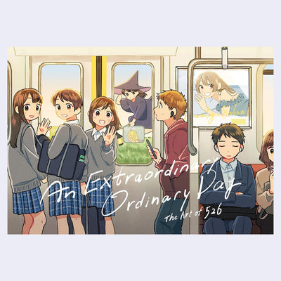 Book cover featuring an illustration of many people on a subway, some school girls, a young adult and some business people. A witch flies alongside the train.