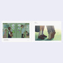 Open 2 page spread of illustrations, one of a couple standing on a subway with the windows covered by exterior flowers. The other is of a set of feet, with one pair on its tippy toes.