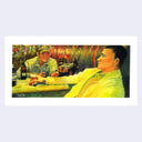 Painting based on a film still from Happy Together of 2 men sitting in a bar, each which a bottle of beer next to them. One smiles and holds out a small device towards the other man.