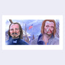 Painting based on a film still from Ravenous, of 2 men standing in front of an American flag with one looking very disheveled. 