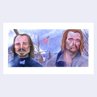 Painting based on a film still from Ravenous, of 2 men standing in front of an American flag with one looking very disheveled. 