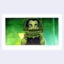 Painting based on a film still from Saw 2004 of a woman in a metal head contraption.