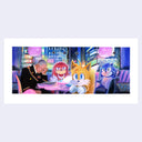Painting based on a film still from Sonic 3 of Sonic, Knuckles and Tails sitting in a night cafe with purple and blue night city lights illuminating the scene with a disappointed man at the same table.