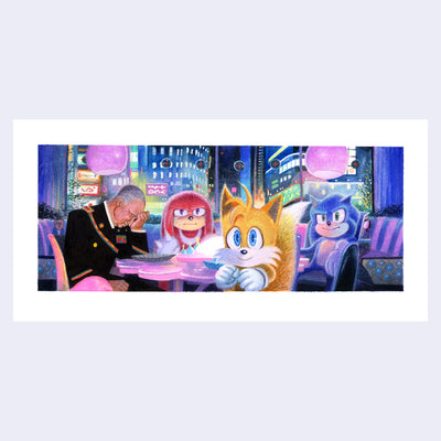Painting based on a film still from Sonic 3 of Sonic, Knuckles and Tails sitting in a night cafe with purple and blue night city lights illuminating the scene with a disappointed man at the same table.