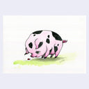 Cartoon illustration of a pink and black pig on a white background. It looks down at a tiny snail on the ground.