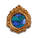 Small painting of blue cartoon bats, framed in a round gold ornate frame.