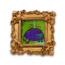 Painting of a purple cartoon spider on a green background, framed in an ornate gold frame.