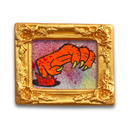 Painting of an orange monster claw framed in an ornate gold rectangular frame.