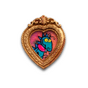Small painting of a blue cartoon dinosaur in an ornate gold frame.