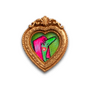 Painting of a green monster woman, only her nose and smile visible behind her long pink hair. Piece is framed in ornate gold heart shaped frame.