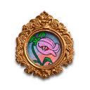 Painting of a cartoon carnivorous plant, pink with a green stem. Piece is framed in ornate gold frame.