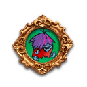 Painting of a small, cute blue monster boy with his face mostly obscured by his purple hair. Piece is in an ornate, gold frame.