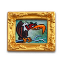 Painting of a cartoon vulture, sitting on a barren branch. Piece is in an ornate, gold frame.