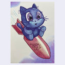 Cartoon cat riding atop a missile rocket labeled 'Boom Cat' on a light  background