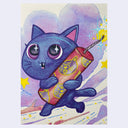 Illustration of a blue cat-like creature holding a stick of lit dynamite with cat patterning on it, in front of a starry background