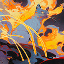 Painting of a serious looking blue cat with long, yellow whiskers, sitting and viewed from under. A fiery sky is behind the cat with lines of lava or fiery substance flying nearby.