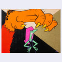 Cartoon character with a large orange hand reaching towards a small green character on a geometric background