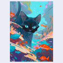 Painting of a black cat with blue eyes in an underwater scene with many fish and colorful coral around.