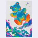 Colorful painting of a blue gummy bear with orange highlight lighting, it floats above colorful purple and blue clouds.