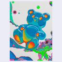 Colorful painting of a blue gummy bear with orange highlight lighting, it floats above colorful green and blue clouds.