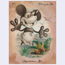 Vintage-style illustrated artwork featuring a cartoon mouse character with large round ears, raised paws, and a tropical jungle scene below, on a parchment-like beige background with decorative text.