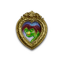 A heart-shaped brooch with an ornate gold frame, featuring a colorful painted illustration of a green creature with red hair on a light purple background.