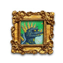 Miniature painting of a kaiju monster in a gold frame on a white background