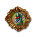 Miniature painting of a kaiju monster in a gold frame on a white background