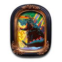 Colorful artwork of a kaiju monster with a beam of fire coming out of its mouth.