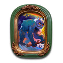 Colorful painting of a blue and purple monkey creature in a decorative green and gold frame on a white background