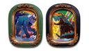 Two framed artworks of kaiju monsters on a colorful background.