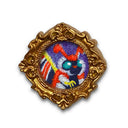 Miniature painting of a kaiju monster in a gold frame on a white background