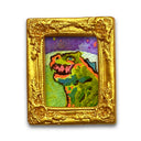 Colorful dinosaur painting in a gold frame on a white background