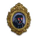 An ornate oval gold frame containing a painted portrait of a black figure with red eyes and red lips, set against a purple background, isolated on a white backdrop.