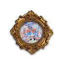 A circular framed art piece featuring a colorful, hand-drawn style face with blue and orange details on a textured white background, set within an ornate gold frame against a plain white backdrop.