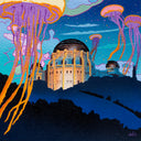 Painting of The Observatory in Griffith Park, seen from afar on the top of the hill. The sky is a cartoonish night sky with large purple and orange jellyfish floating.