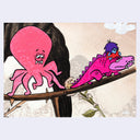 Cartoon pink octopus and dragon-like creature on a branch with a neutral background