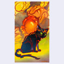 Colorful painting of a black cat sitting with many orange and yellow smoke explosions in the background.