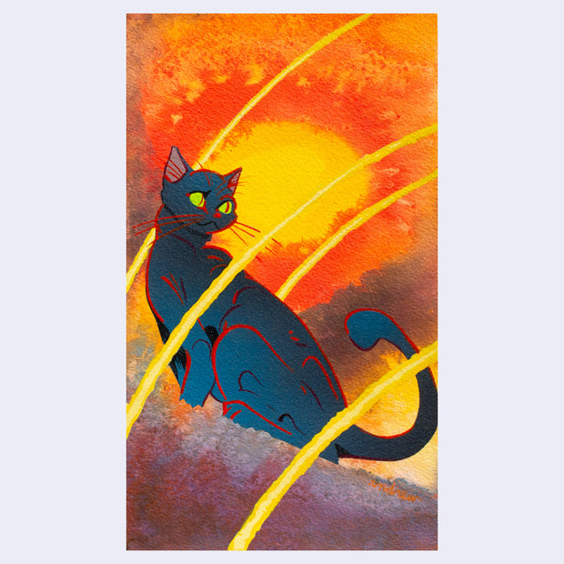 Colorful painting of a bluish black cat, sitting on gray clouds with bright orange and yellow sky behind it and streaks of light/fire flying by it.