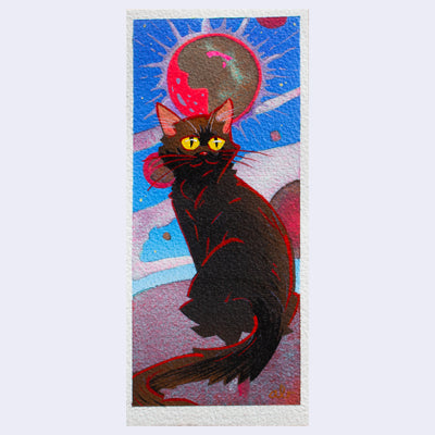 Painting of a fluffy black cat sitting on a purple ground in front of blue sky with clouds and pink and greenish gray planets.