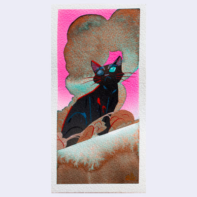 Painting of a black cat sitting on a brown and mint colored ground in front of a bright pink sky with fluffy brown and green clouds.
