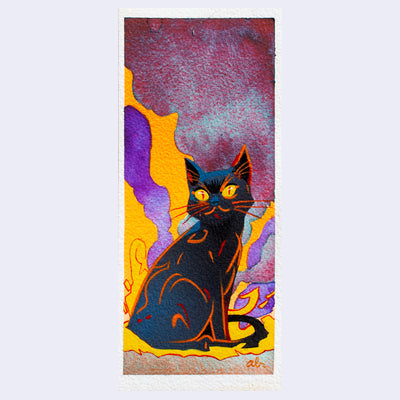 Painting of a black cat with orange outlines, sitting on a fiery ground against an orange and purple sky.