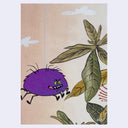 Cartoon purple creature with green eyes and black legs on a beige background with leaves.