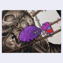 Cartoon purple and red monsters on a stick with a skull background
