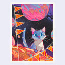 Painting of a cute, small cartoon cat with white and blue colorings in an outer space setting, with festival flags around them.