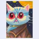 A colorful pastel-style illustration of a cat's face and upper body against a starry space background with a yellow planet. The cat has light blue and cream fur, large red eyes, pink inner ears, and a brown coat.
