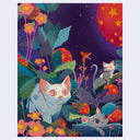 Colorful illustration of cats among flowers and a moonlit sky