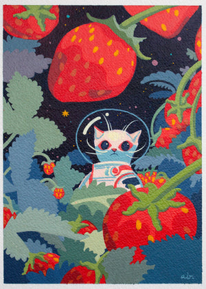 Painting of a small white cartoon style cat dressed like an astronaut, standing against a dark blue sky with large strawberry plants around him.